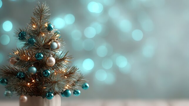 Miniature Christmas tree adorned with blue and silver ornaments, twinkling fairy lights, evokes a serene and festive holiday ambiance. - Powered by Adobe