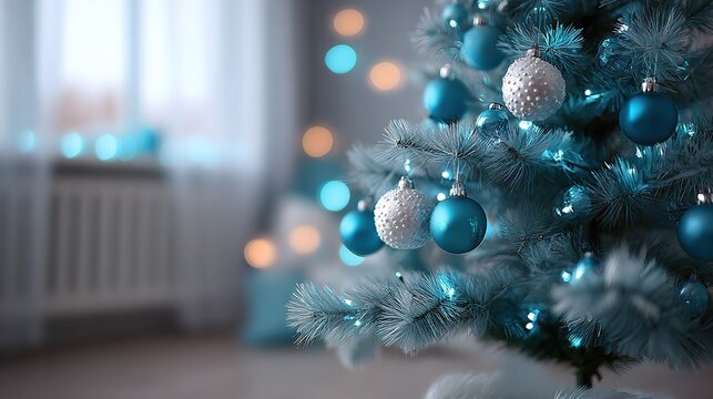 A festive Christmas tree adorned with blue and silver ornaments, twinkling fairy lights, casting a warm glow in a cozy setting.  A joyous scene! - Powered by Adobe