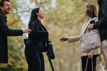 A diverse group of colleagues meets outside, exchanging smiles and a warm handshake in a relaxed park setting.
