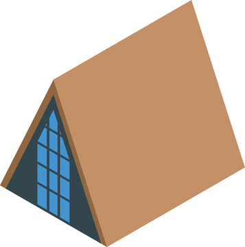 Isometric eco house showcasing sustainable design principles, featuring a triangular roof and prominent window