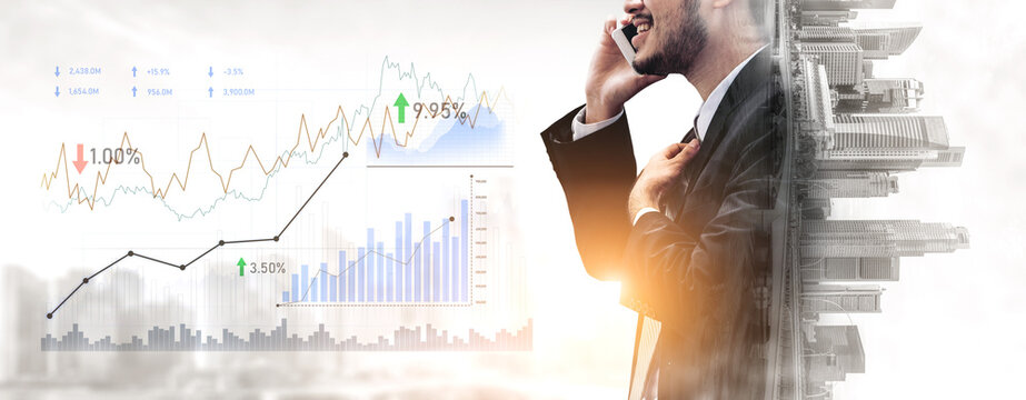 A confident businessman in a suit uses a smartphone to analyze stock market trends. Visual data and charts depict financial growth in a modern office setting. Scalp - Powered by Adobe