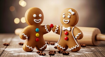 Gingerbread couple holding hands on wooden table with rolling pin  