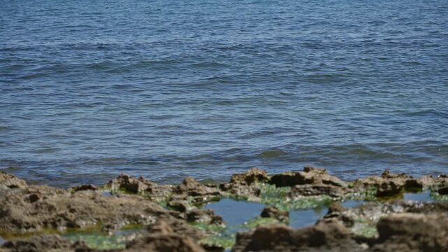 Mediterranean sea waves gently hitting rocky shore on a sunny day showcasing natural beauty and tranquility of outdoor coastal scene.