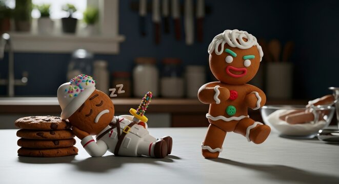 Gingerbread man running while another gingerbread cookie sleeps in kitchen  