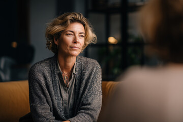 Woman discussing health concerns during supportive consultation