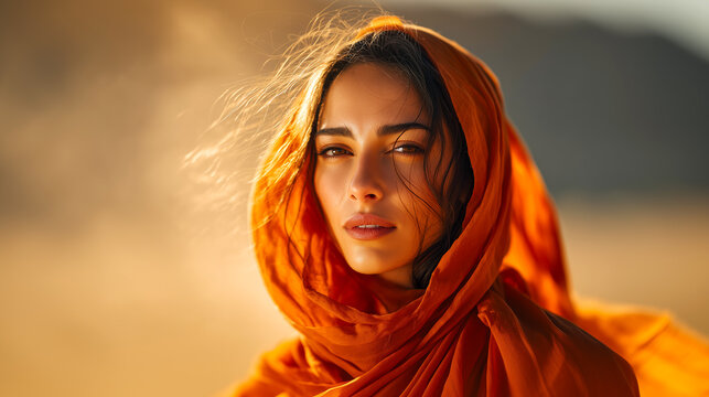 Powerful Portrait of a Beautiful Latin American Woman in an Orange Scarf or Head Wrap at Sunset