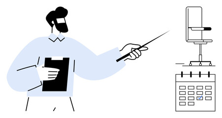 Male instructor with clipboard and pointer explaining a task. Office chair and calendar nearby. Ideal for education, planning, management, scheduling, work organization, communication, simple flat