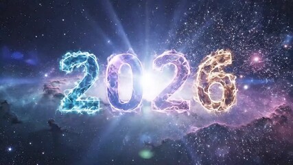 Futuristic 2026 glowing numbers illuminate a vibrant cosmic nebula, symbolizing new beginnings and the future.