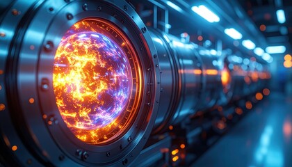 Atomic Materials Synthesis Chamber: Vacuum sealed reactor with glowing plasma inside cleanroom facility
