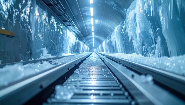 Automated Cold Chain Warehouse: Conveyor system transporting frozen goods through subzero tunnel with monitoring sensors - Powered by Adobe