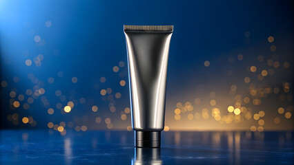 Sleek silver cosmetic tube ready for your brand, illuminated by glowing bokeh lights for skincare, makeup, or personal care advertising