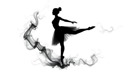 Obraz premium Silhouette of a ballerina in a graceful pose with dark smoke swirling around her on a white background