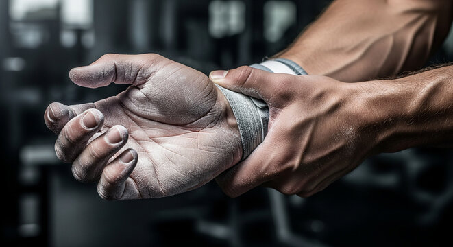 Macro shot of gymnast hands covered in white chalk powder holding a painful wrist during an intense workout session in the dark gym