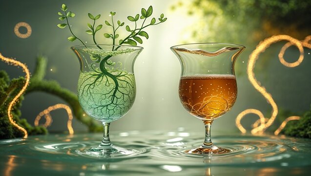 Botanical Elixir Glasses on Water Surface, Featuring Root Structures, Sprouts, and Bubbly Amber Liquid with Ethereal Glow.