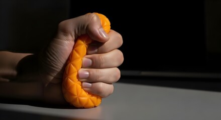 Hand squeezing an orange textured stress ball in dramatic lighting