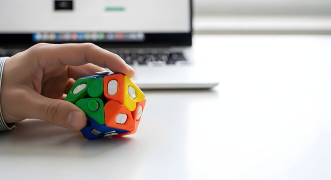 A hand holds a colorful puzzle toy in front of a laptop on a white surface.