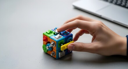A persons hand interacting with a colorful fidget cube on a desk near a laptop.