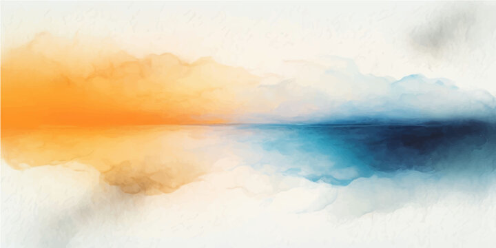 Abstract watercolor sea and cloudscape sunset, a grunge nature sky background with ocean waves and light