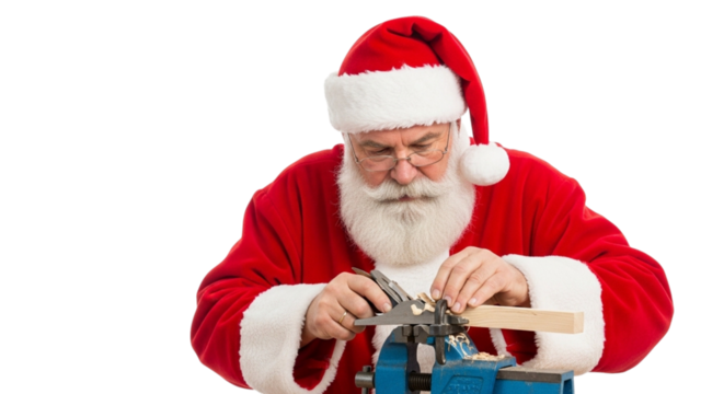 Santa claus carefully working with wood in his workshop, isolated on transparent background, focusing with precision to finish toys for christmas gifts - Powered by Adobe
