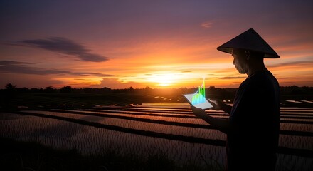 Farmer in a conical hat uses a tablet with a holographic chart at sunset over a rice field.