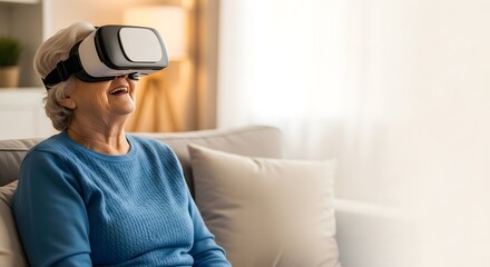 Smiling elderly woman wearing VR headset while sitting on sofa indoors.