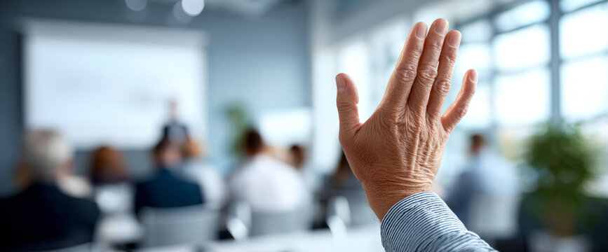 Close-up of raised hand in business meeting with blurred audience and presenter in modern conference room setting - Powered by Adobe