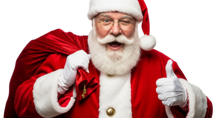 Santa claus winking and giving a thumbs up, isolated on transparent background he is wearing a red suit and hat and carrying a red bag full of gifts for christmas