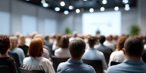 Obraz premium Audience attending a professional conference or seminar in a modern conference room with a speaker presenting on stage
