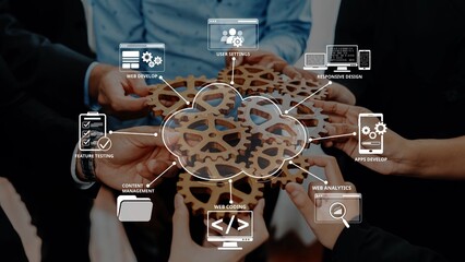 Hands come together to hold gears symbolizing collaboration in web development and app management, reflecting teamwork in modern technology solutions. Raster