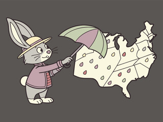 Bunny with umbrella over map of United States with rain drops rabbit coat