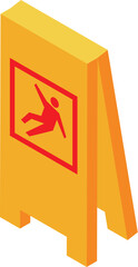 Isometric caution wet floor sign indicating a slippery surface and warning of potential fall hazard