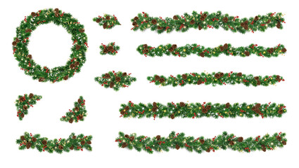 Fototapeta na wymiar Christmas tree wreath, garlands and borders. Fir branches with glowing lights, pine cones and holly berries. Realistic vector set with corners and decorations. Transparent background in vector file.
