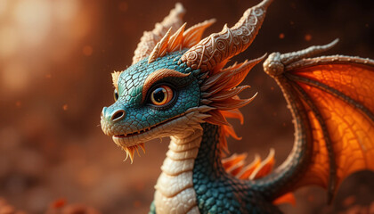 Charming Baby Dragon Portrait with Orange Wings and Ornamental Horns