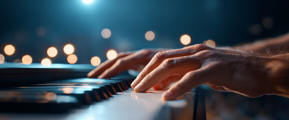 Close-up of hands playing piano keys with soft bokeh lights in the background creating a warm and intimate musical atmosphere
