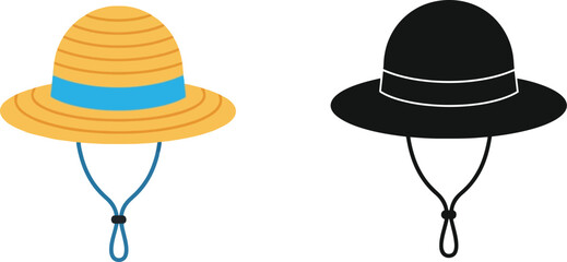 Two hats displayed a straw sunhat and a classic black top hat