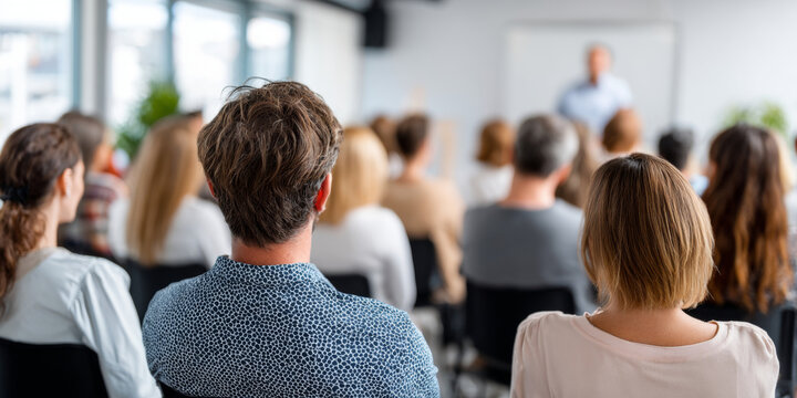 Audience attending a seminar or workshop in a modern conference room with speaker presenting in front of a whiteboard