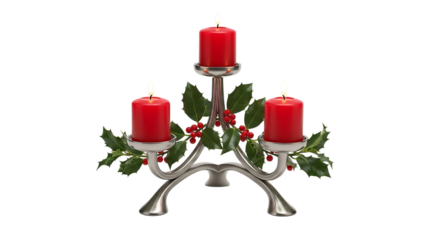 Elegant silver candelabra holding three red pillar candles adorned with holly and berries isolated on transparent background