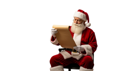 Santa claus sitting and looking at a long scroll isolated on transparent background he is wearing his traditional red suit and hat, and he has a long white beard