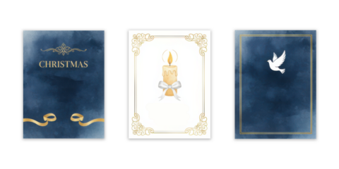 Elegant Christmas card designs with blue, gold, and white details