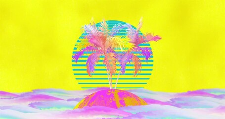 A vibrant tropical motion design background showcasing lush greenery and fluid animations, evoking a serene island vibe for travel videos and relaxation themes.