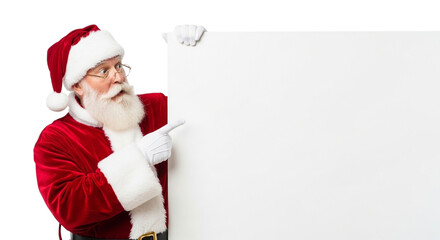 Santa claus pointing at blank banner isolated on transparent background, wearing traditional red suit and hat, with a long white beard and glasses, looking to the side with a curious expression