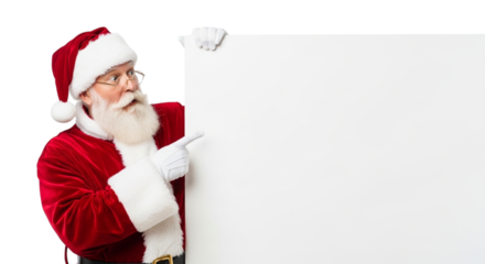 Santa claus pointing at blank banner isolated on transparent background, wearing traditional red suit and hat, with a long white beard and glasses, looking to the side with a curious expression