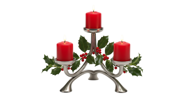 Elegant silver candelabra holding three red pillar candles adorned with holly and berries isolated on transparent background
