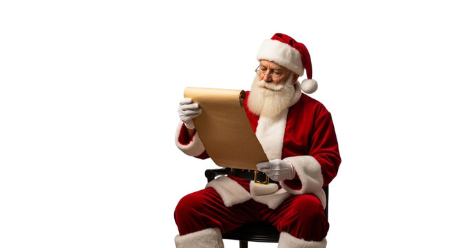 Santa claus sitting and looking at a long scroll isolated on transparent background he is wearing his traditional red suit and hat, and he has a long white beard
