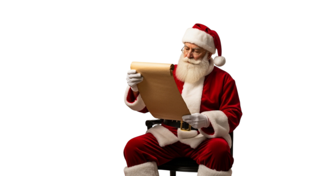 Santa claus sitting and looking at a long scroll isolated on transparent background he is wearing his traditional red suit and hat, and he has a long white beard