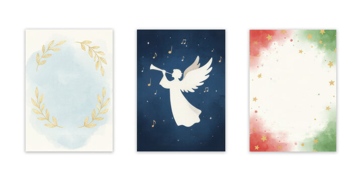 Holiday card trio with wreath, angel, and festive stars