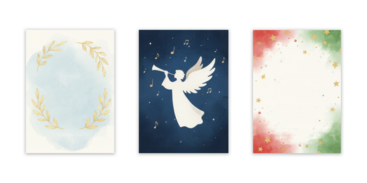 Holiday card trio with wreath, angel, and festive stars