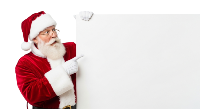 Santa claus pointing at blank banner isolated on transparent background, wearing traditional red suit and hat, with a long white beard and glasses, looking to the side with a curious expression