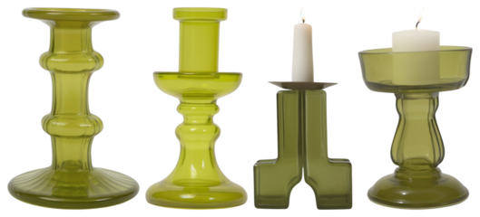 PNG Elegant green glass candleholders display, element set on transparent background