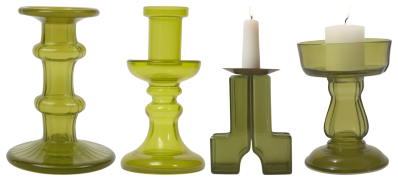 PNG Elegant green glass candleholders display, element set on transparent background